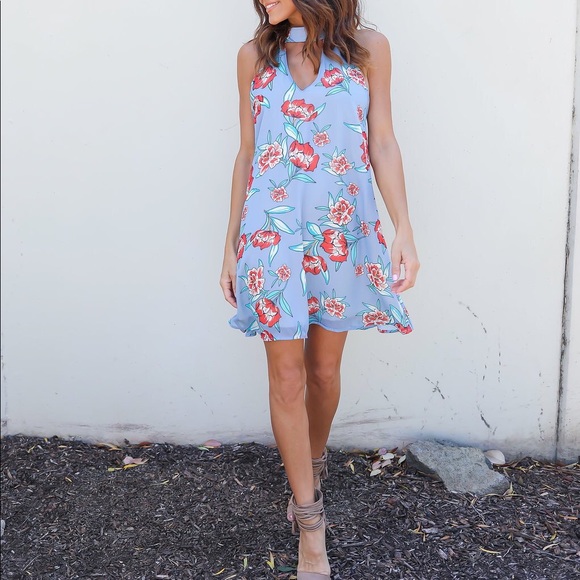 Blue Periwinkle Floral Choker Neck Dress - Picture 3 of 3